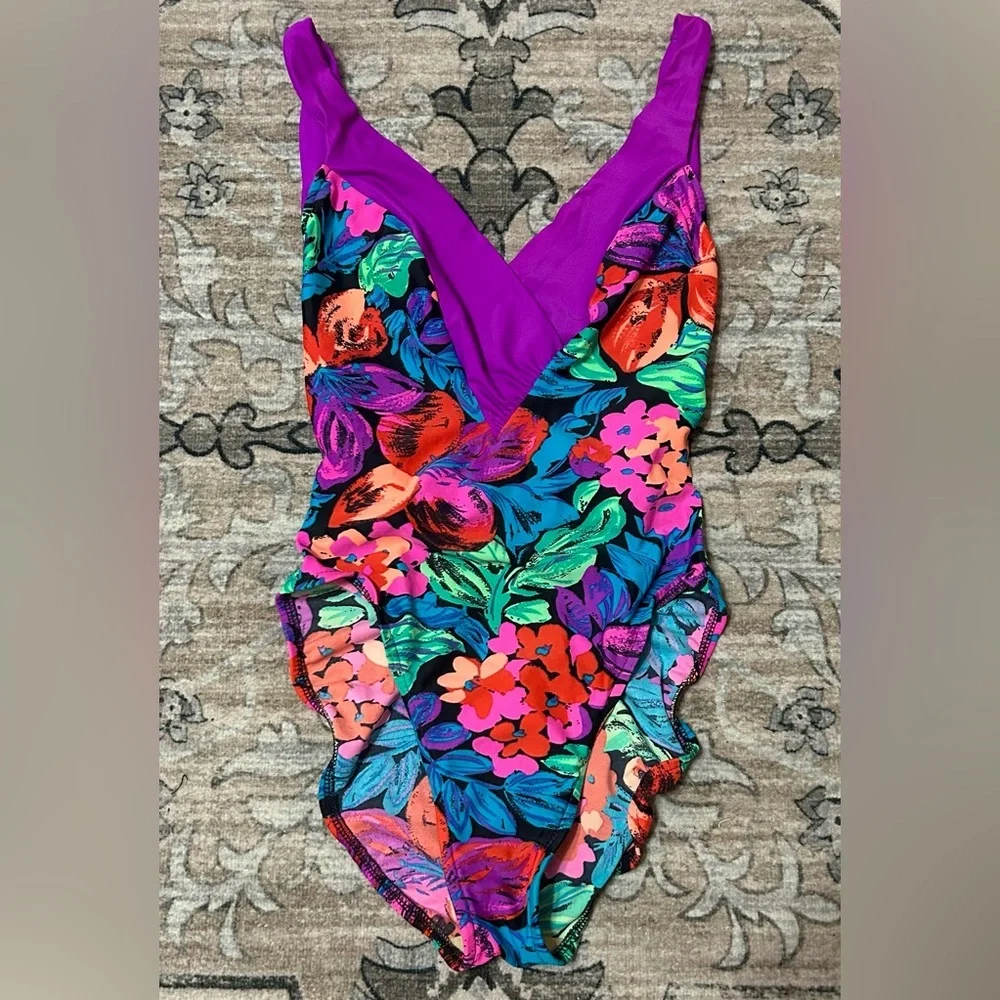 Vintage 80's 90's High Cut One Piece Swimsuit Size S 5/6 Colorful Low Back Retro